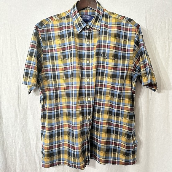 Pendleton Other - Pendleton Mens SS Button Up Shirt Blue Red Orange Plaid Short Sleeve Sz XLarge
